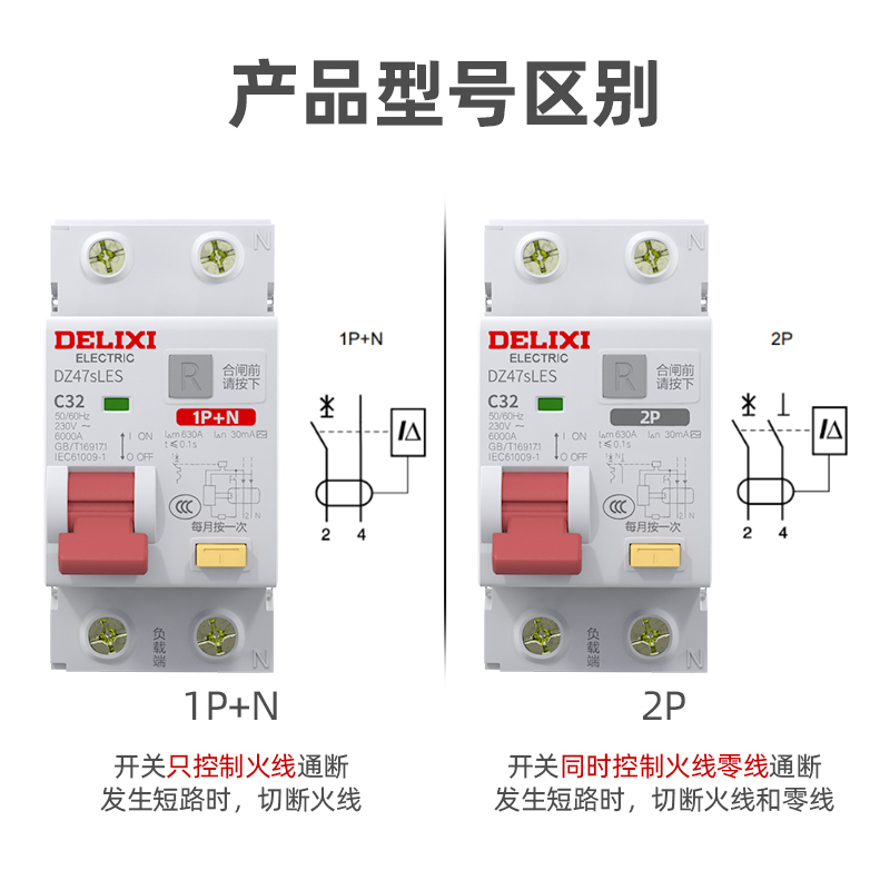 德力西漏电保护开关家用小型空气开关带漏电保护器Dz47sLES漏保2P - 图0