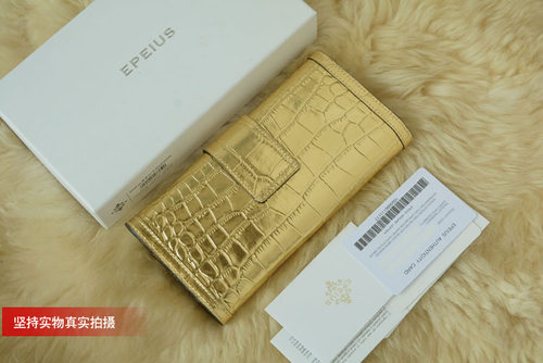 新品钱包 EPEIUS  华丽金色  鳄鱼纹 全头层牛皮  女 锁扣钱包 - 图0