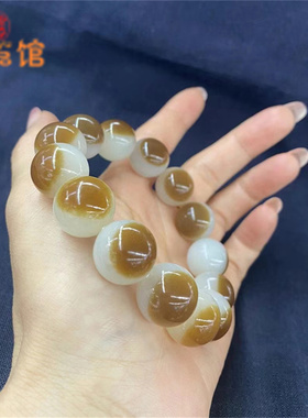 新疆且末料糖白羊脂玉聚宝盆16mm圆珠手串  糖白分明收藏款金山料