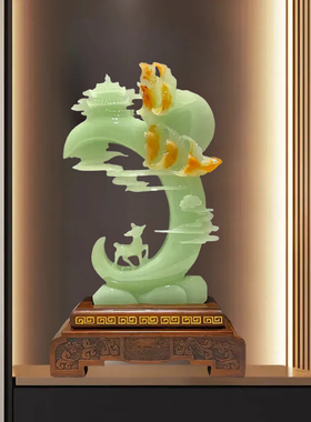 瑞月灵鹿玉石摆件博古架客厅玄关