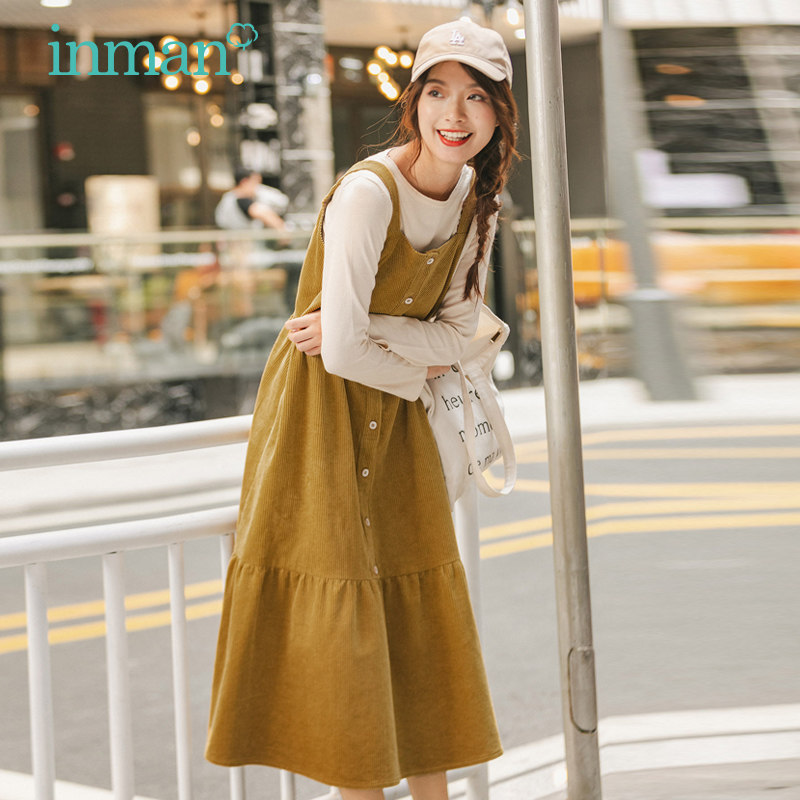 茵曼灯芯绒背带裙中长款2020连衣裙 茵曼筱茵连衣裙