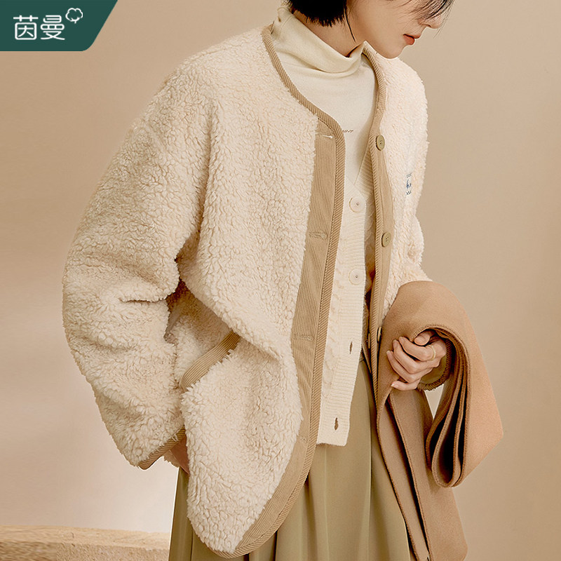 茵曼旗舰店加绒羊羔毛外套新款棉服 茵曼筱茵短外套