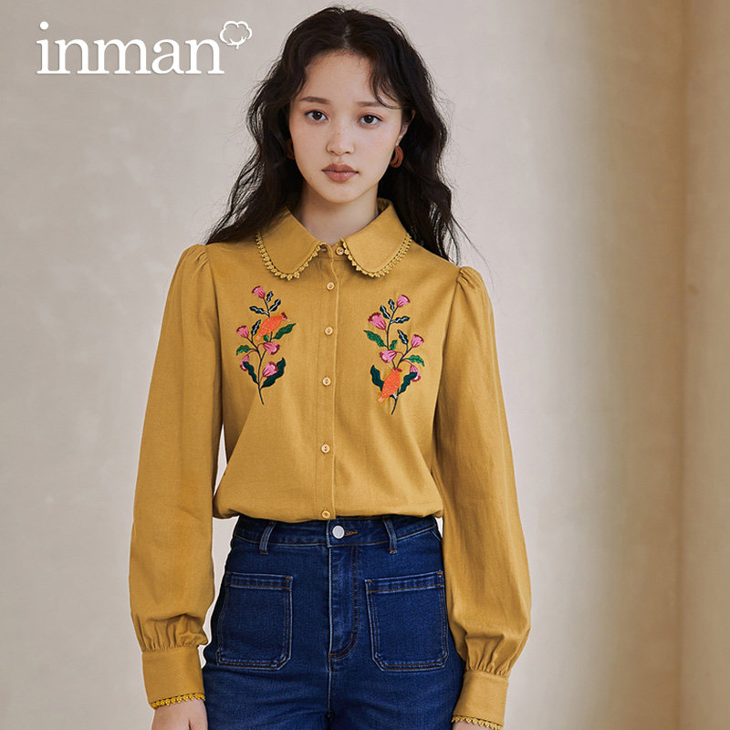 茵曼绣花长袖2022春季新款宽松衬衫 茵曼筱茵衬衫