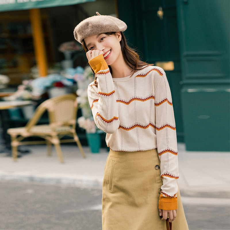茵曼撞色条纹港味长袖2020针织衫 茵曼筱茵毛衣