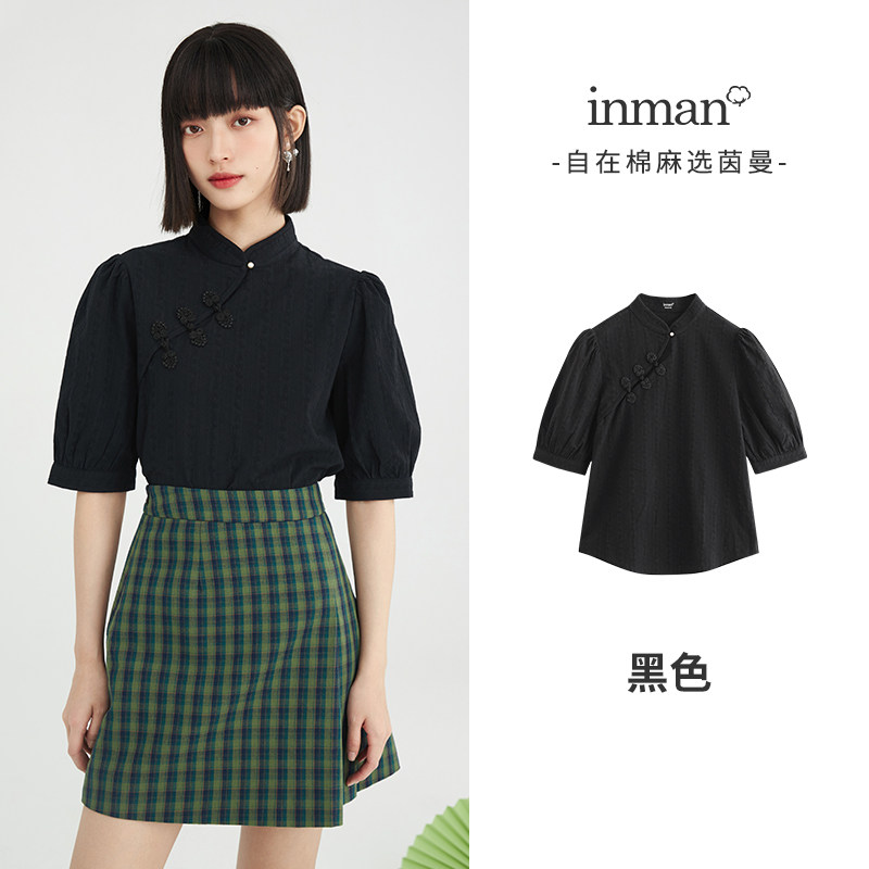 茵曼改良盘扣短袖2023夏季新款衬衫 茵曼筱茵衬衫