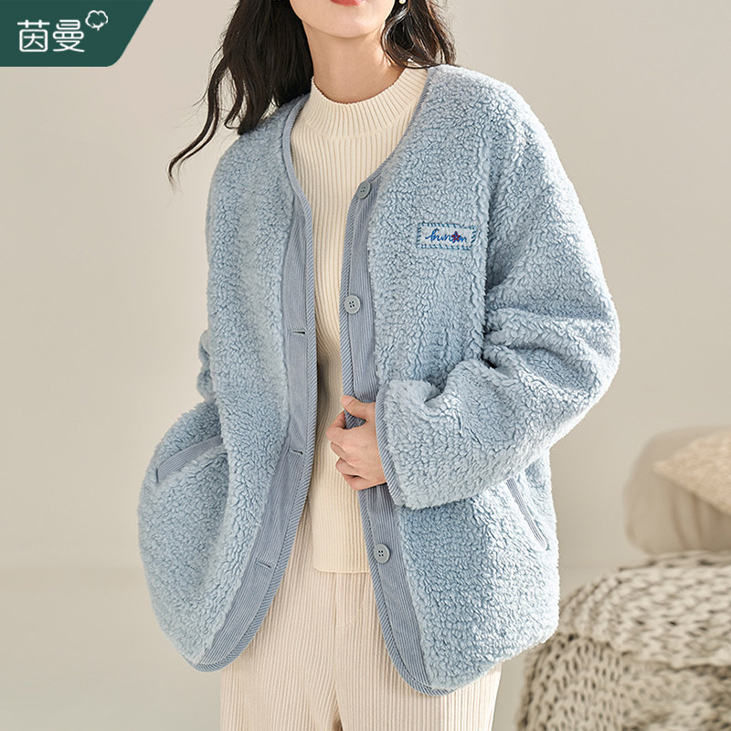 茵曼旗舰店加绒羊羔毛外套新款棉服 茵曼筱茵短外套