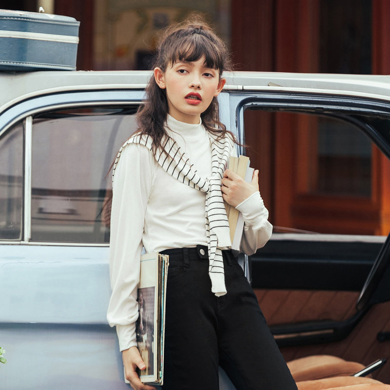 茵曼半高领t恤法式泡泡袖秋打底衫 茵曼筱茵T恤