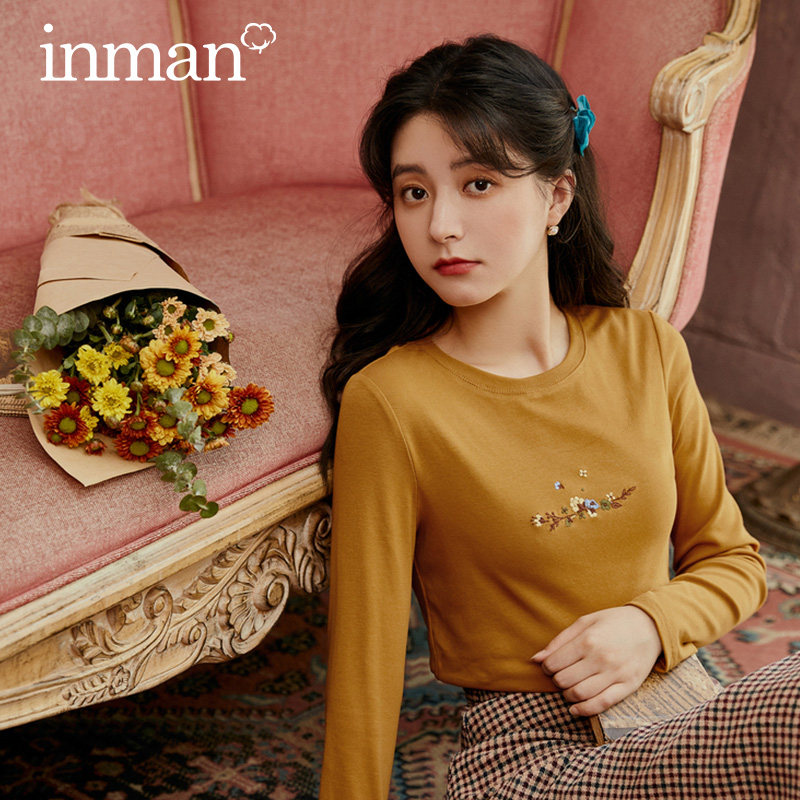 茵曼纯棉长袖t恤2020秋冬装打底衫 茵曼筱茵T恤