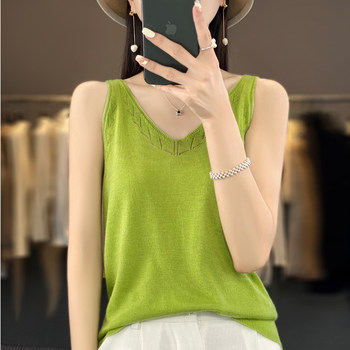 The inner wear item ~ very easy to wear, one-line worsted wool V-neck hollow suspender summer solid color sleeveless women