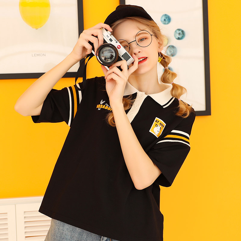 库恩玛维旗舰店黑色短袖T恤女夏季宽松遮肉年新款日系翻领Polo衫红色上衣潮0