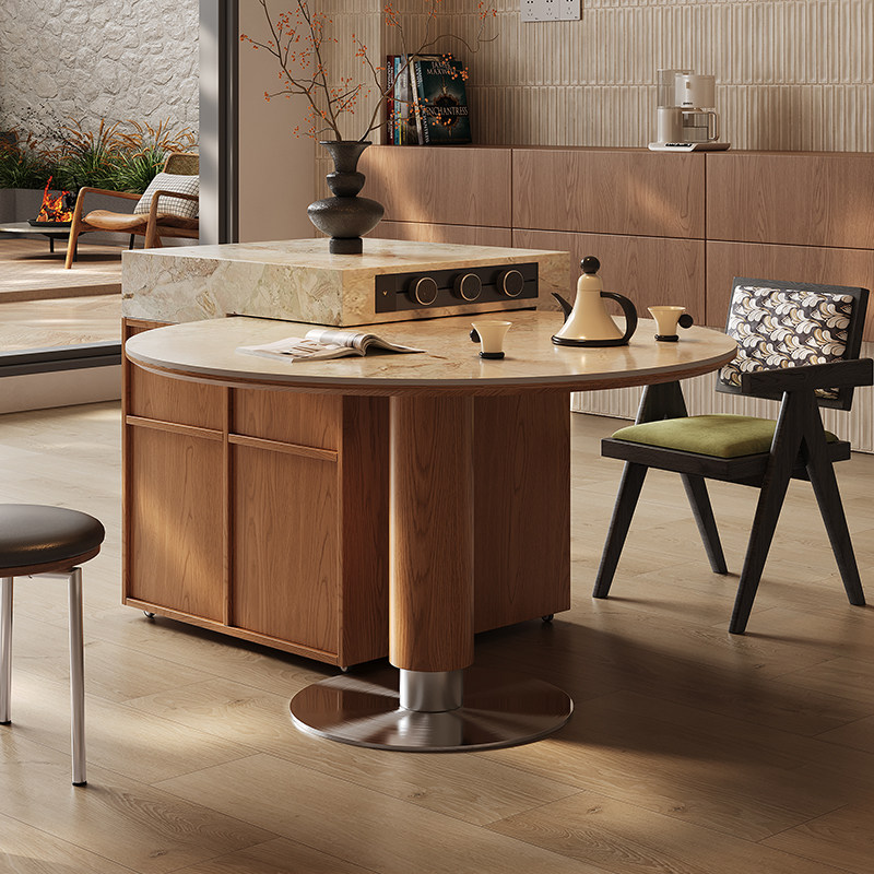 可移动圆桌岛台小户型餐桌一体餐边柜洞石岩板单独岛台柜小岛台,淘宝优惠券,粉丝福利购,淘宝优惠卷
