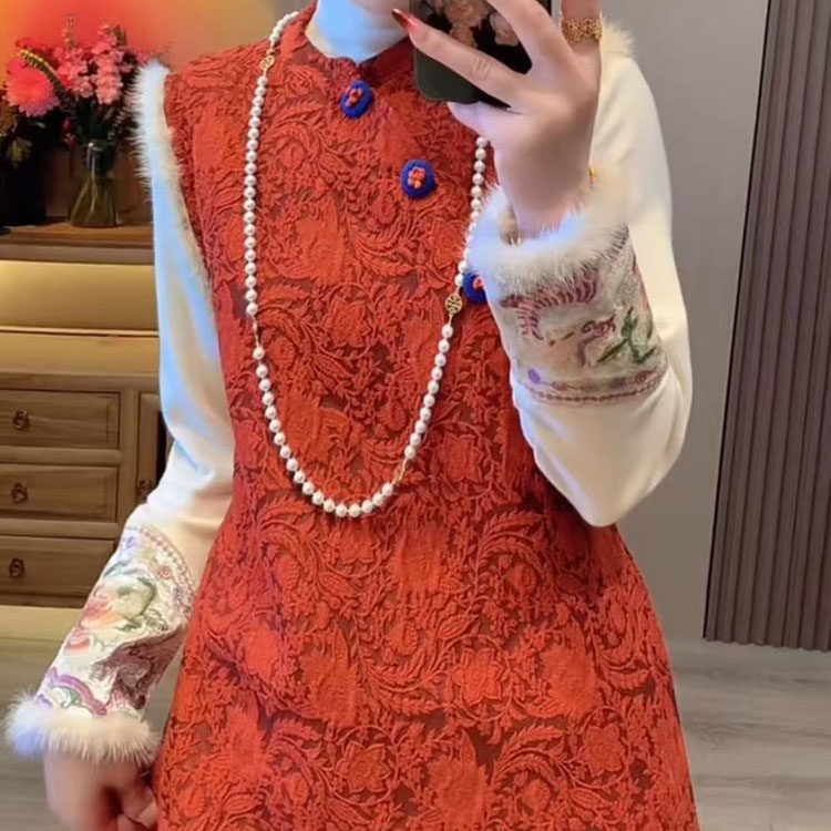 新年红色冬款新中式旗袍国风复古无袖马甲裙+小衫两件套女连衣裙,淘宝优惠券,粉丝福利购,淘宝优惠卷