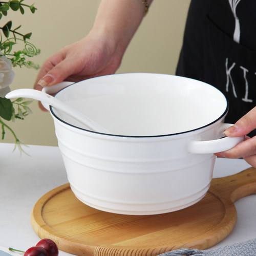 家用装汤的大汤碗双耳高级感大号陶瓷大碗2026新款釉下彩带耳汤碗 - 图2