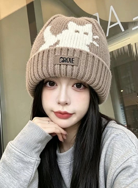 2026新款可爱猫耳针织帽子女生秋冬季保暖护耳显脸小灰色毛线冷帽
