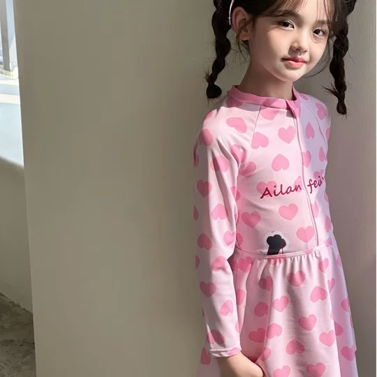 高能感女童泳衣连体防晒女孩长袖游泳平角速干冰凉感泳衣