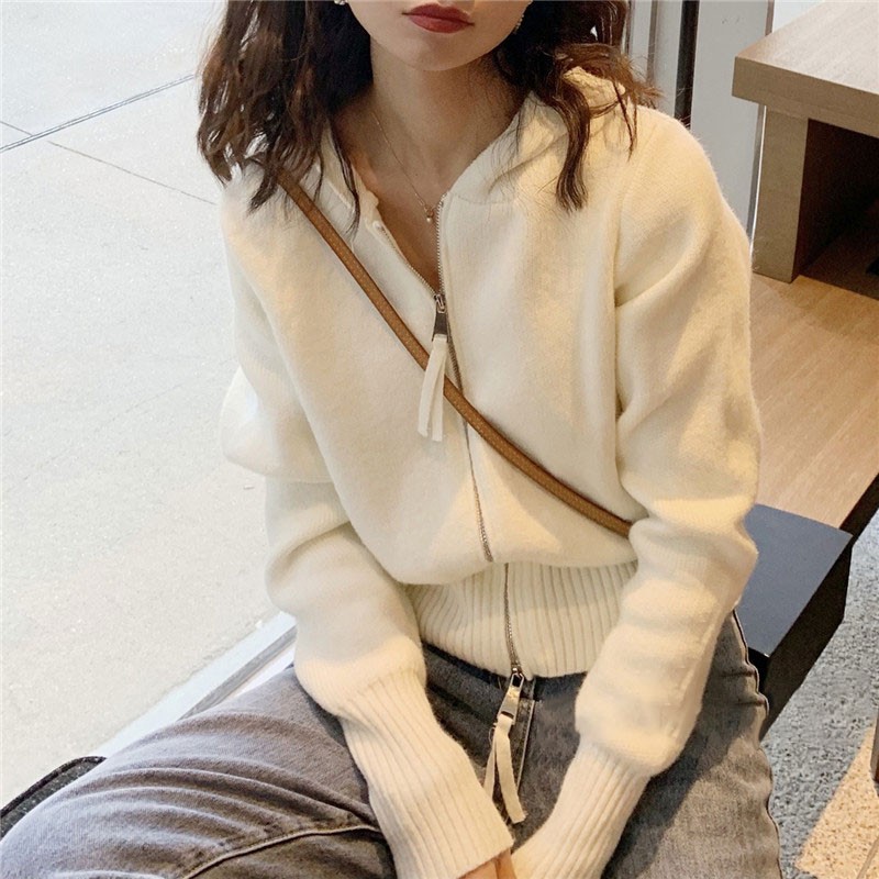 设计感毛衣外套女秋冬外搭2021新款宽松小众连帽卫衣针织开衫上衣