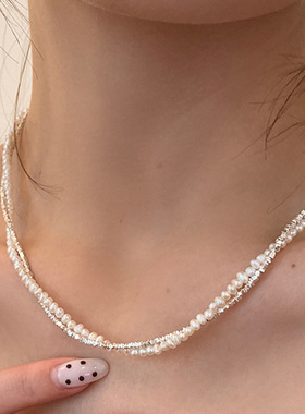 双层碎银珍珠缠绕锁骨链