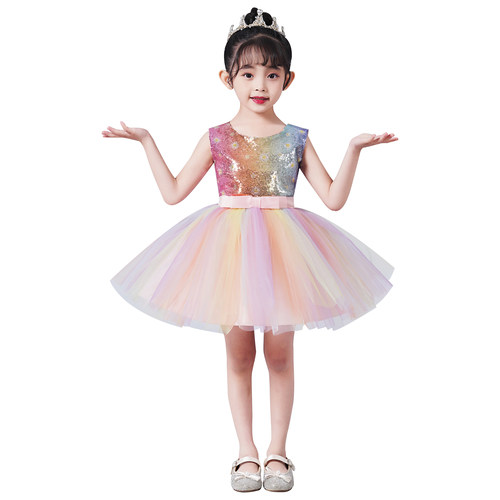 幼儿园跳舞衣服女童彩色亮片公主舞蹈蓬蓬纱裙男童短袖大合唱礼服 - 图0