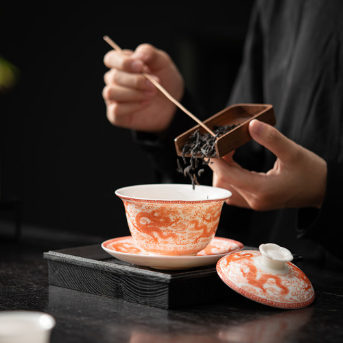 苏氏陶瓷（SUSHI CERAMICS）红九龙纹三才盖碗功夫泡茶碗茶杯 - 图0