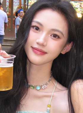 沈羽洁同款项链复古度假花朵串珠宝石项链甜美氛围感choker锁骨链