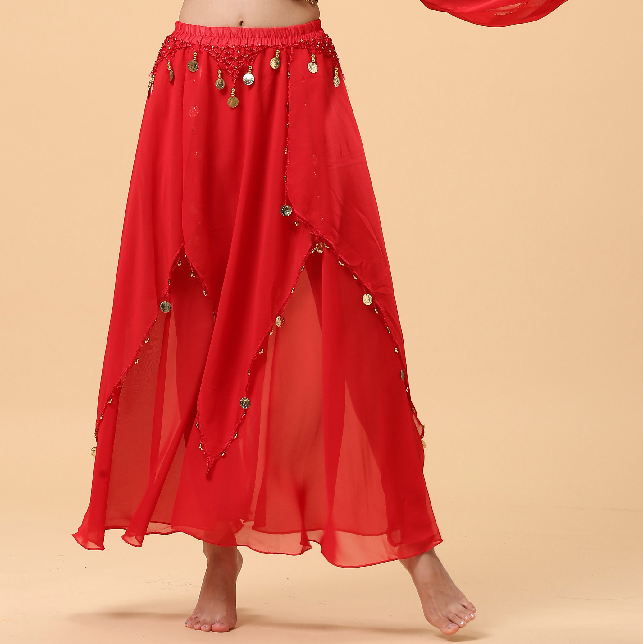 新款印度舞蹈演出服裙新款肚皮舞练习服装套装腰链裙子雪纺吊币裙 - 图3