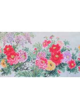 手绘无款横幅小八尺牡丹紫藤水仙花鸟国画客厅装饰字画RA6102001