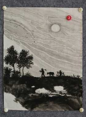 特价手绘水墨宣纸原稿国画33X46厘米小品故乡情田园山水RC5601