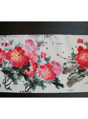 手绘写意无款四尺横幅牡丹紫藤国画富贵满堂客厅玄关装饰RF662351