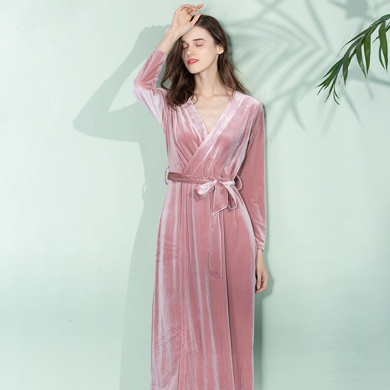 金丝绒春秋长款长袖长裙塑身夏睡袍 御庭睡裙