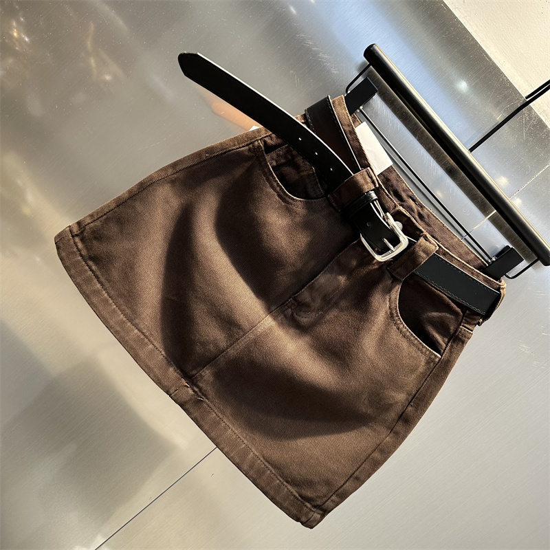 显白咖啡色高腰a字牛仔半身裙显腿长小个子短裙 - 图0