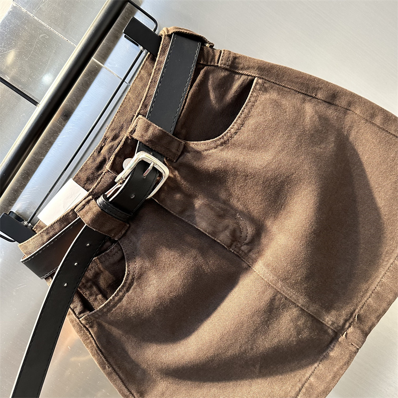 显白咖啡色高腰a字牛仔半身裙显腿长小个子短裙 - 图1