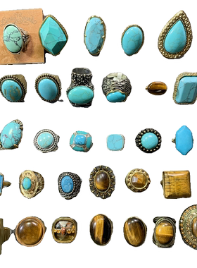 Vintage中古 一组天然石头系列松石虎眼石欧美范夸张个性复古戒指