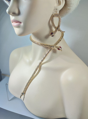 Vintage中古经典百搭款金丝蛇造型磁吸式可调节项链潮酷耳环套装