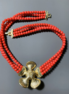 Vintage中古 中国红色琉璃珍珠多层短款复古气质百搭项链女