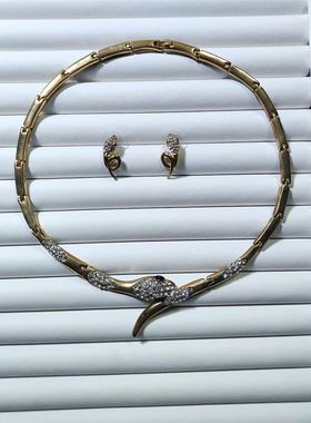 Vintage中古 好质感精致百搭通勤款浓金色蛇造型项圈项链耳钉套装