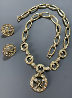 Vintage中古 VF打标淡金色镂空花朵圆盘耳钉耳扣项链素金套装