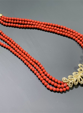 Vintage中古 多层红色琉璃珠镶钻水滴坠夸张复古新娘款短项链