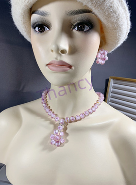 粉色切面琉璃手链耳环项链套装