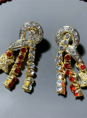 Vintage中古 红色琉璃珍珠多层星星莱茵石流苏耳环项链套装