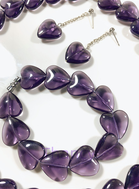 紫色爱心琉璃耳环手链项链套装