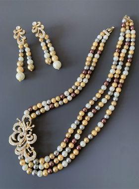 Vintage中古 复古百搭多色琉璃珍珠不对称设计流苏耳环项链套装