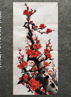墨香村中堂装饰玄关国画字画花鸟画纯手绘四尺四开梅花梅开五福01