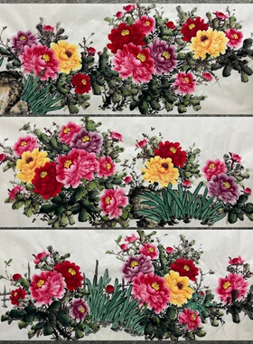 墨香村180X68厘米宣纸装饰国画花鸟挂画纯手绘小六尺牡丹花开富贵