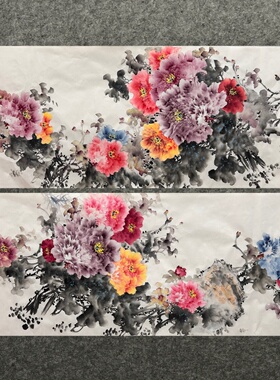 180X68CM精品纯手绘小六尺牡丹国画客厅吉祥装饰画MW6032601-10