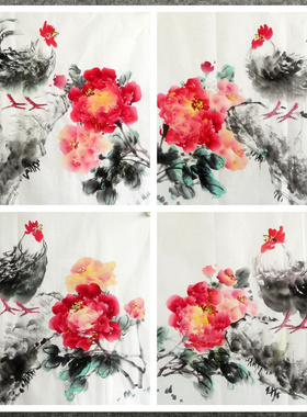68X68CM宣纸装饰国画字画花鸟纯手绘四尺斗方牡丹公鸡金鸡报晓02
