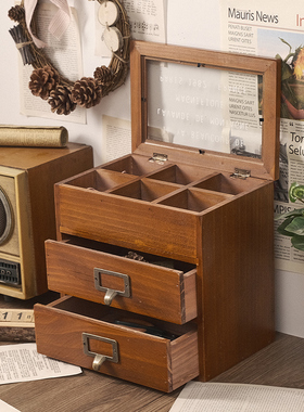 木盒复古玻璃带翻盖首饰饰品收纳盒实木桌面木制带抽屉护肤品香水