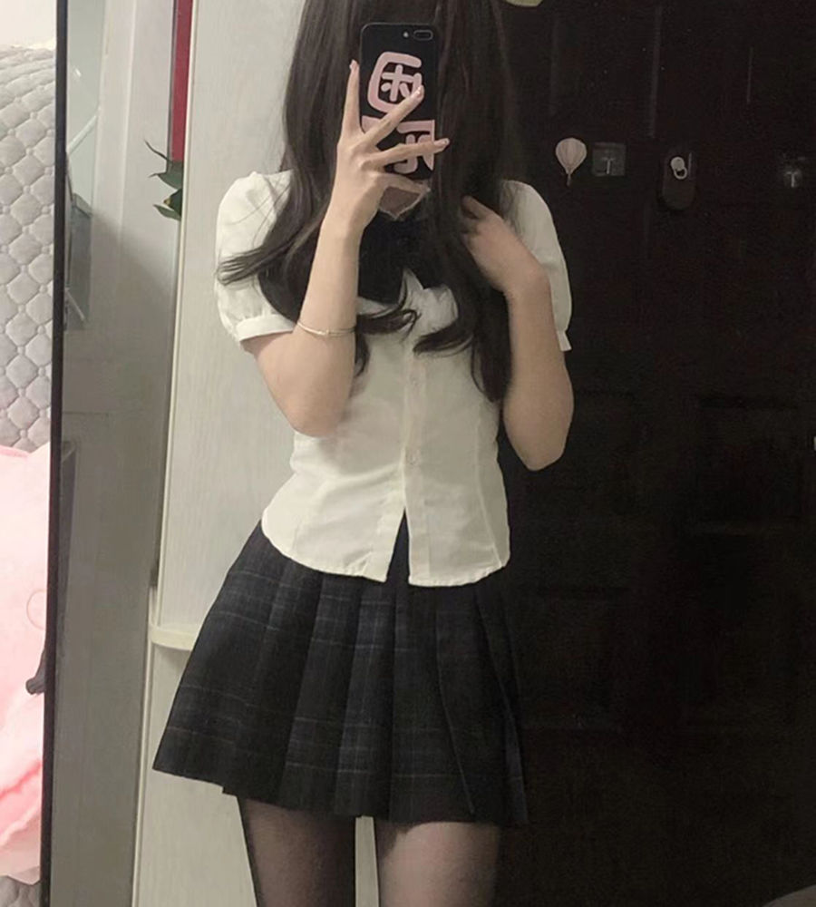 日系jk制服收腰衬衫上衣女短袖原创学院风泡泡袖白色衬衣jk套装