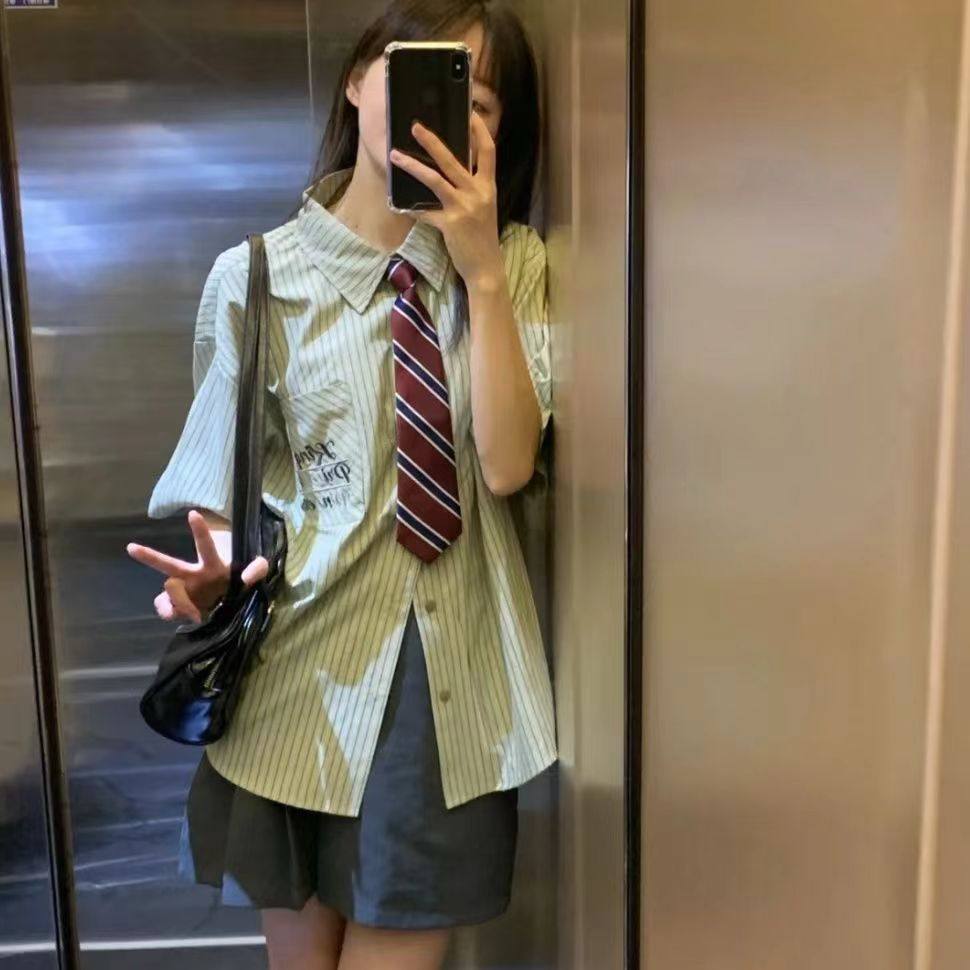 韩版日系学院风绿色条纹短袖领带休闲衬衫设计感夏季慵懒港风ins,淘宝优惠券,粉丝福利购,淘宝优惠卷
