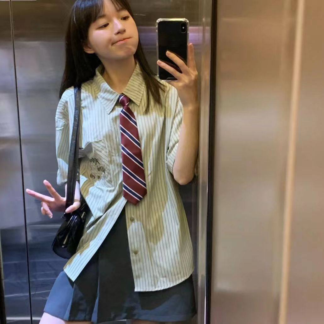 韩版日系学院风绿色条纹短袖领带休闲衬衫设计感夏季慵懒港风ins,淘宝优惠券,粉丝福利购,淘宝优惠卷