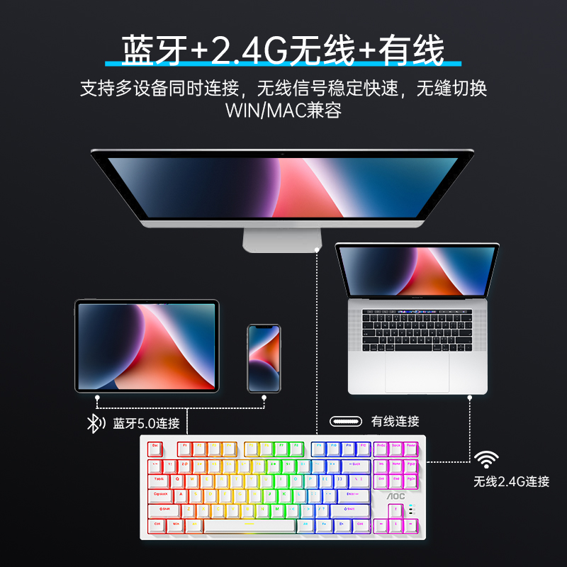 AOC GK233三模机械键盘87键灰木轴v3电竞游戏蓝牙无线客制化键盘-图1